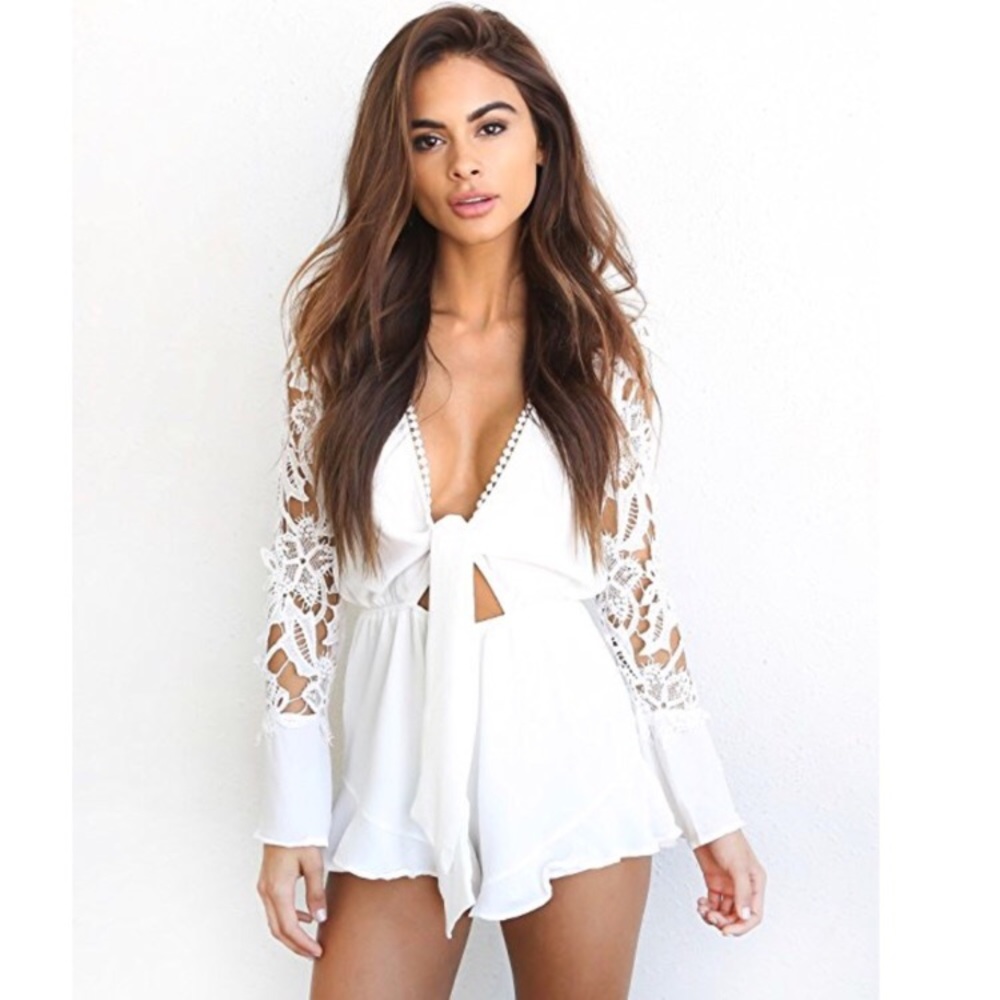 Boho white lace romper